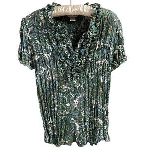 Allison Taylor Crinkled Ruffled Vneck Sheer Blouse, Size L, Green, Teal & White